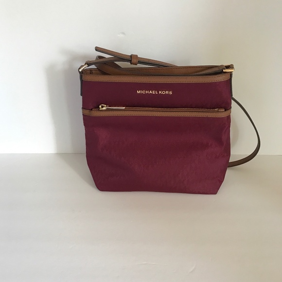 KORS Michael Kors Handbags - Michael Kors Merlot Red Nylon Leather Straps Monogrammed Large Crossbody Perfect